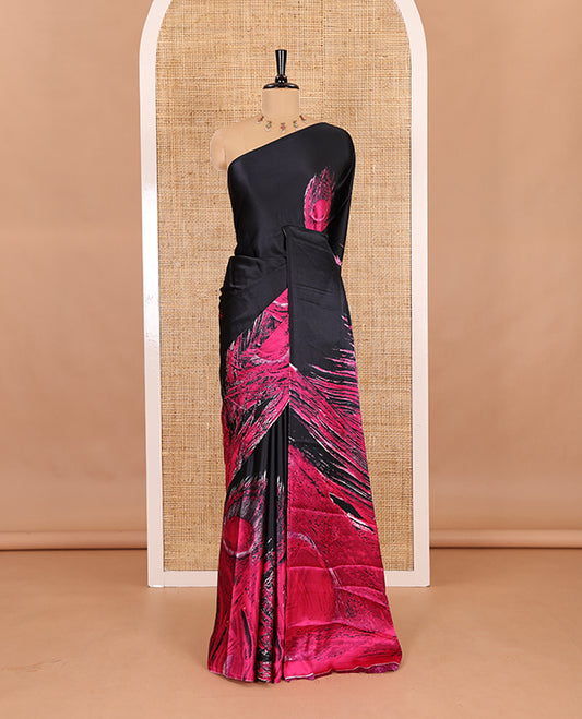 Borderless black and rani peacock feathers style abstract printed Gajji silk saree, peacock feathers printed pallu, and a contrast printed blouse