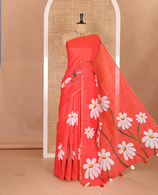 Borderless red Floral design chanderi cotton saree , floral vine printed pallu and small floral printed blouse