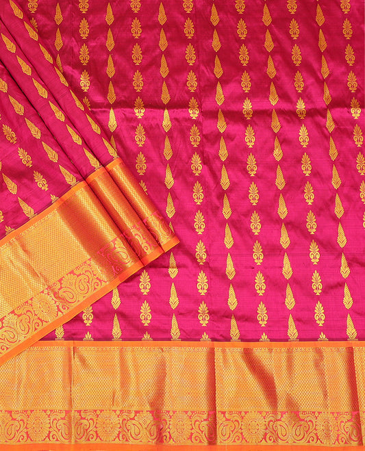 Pink Pure Silk Half-Saree Elegantly Highlighted with Zari Buttas on Its Skirt, Complemented by a Contrast  Border Featuring Rekku, Mayil Kann, Manga, and Chakram Designs, Comes with a Contrast Blouse and a Dhavani of Butta Enclosed Jaal Designs