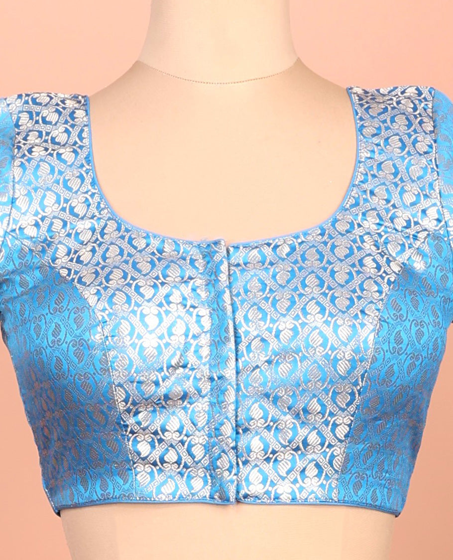 Blue paisleys-theme jacquard front-back round neck elbow-sleeve readymade blouse