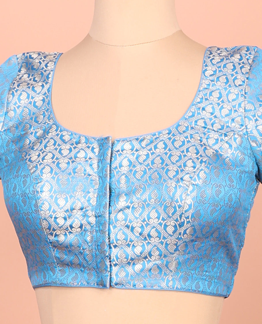 Blue paisleys-theme jacquard front-back round neck elbow-sleeve readymade blouse