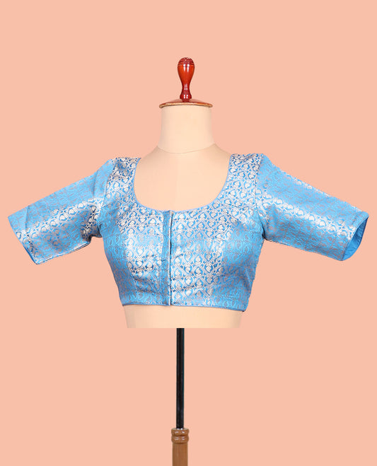 Blue paisleys-theme jacquard front-back round neck elbow-sleeve readymade blouse