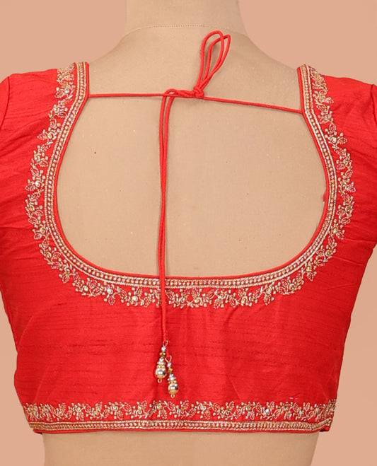 Red embroidered front-back round neck elbow sleeve blouse