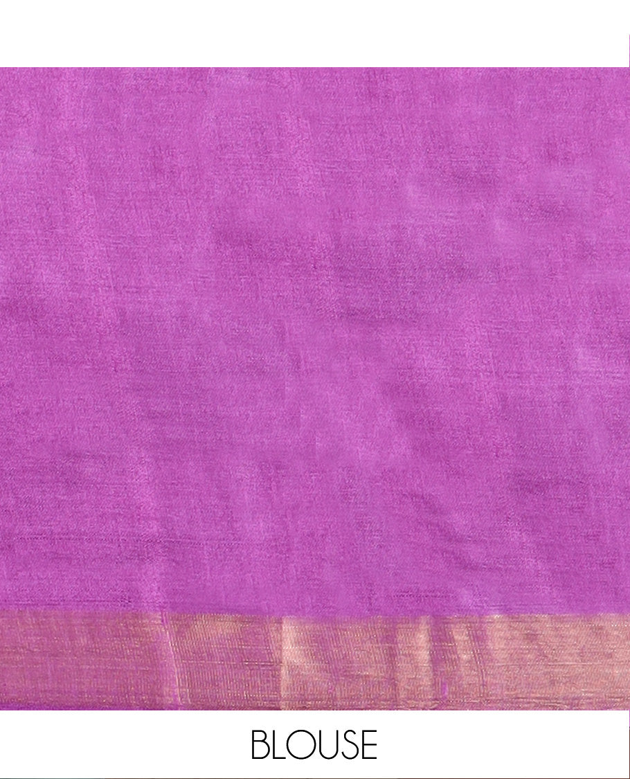 Rani pink peacock buttas tussar silk saree, bavanji border, and pallu of intricate motifs