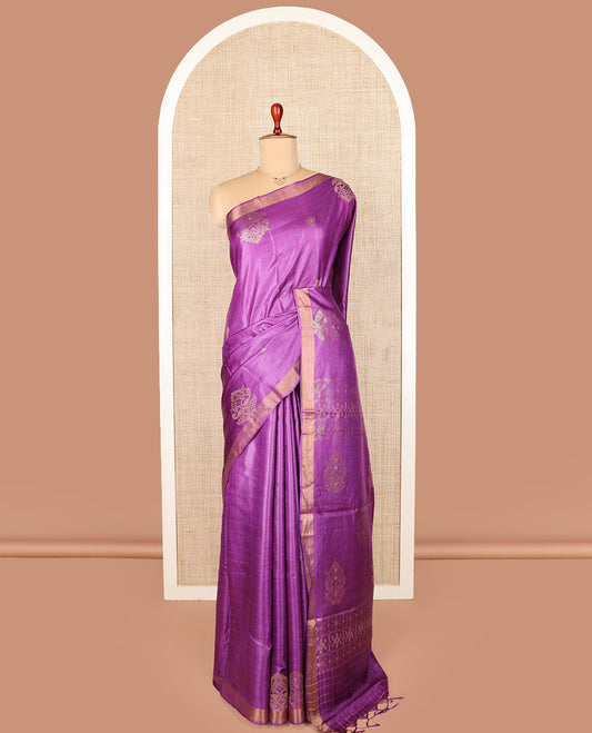 Rani pink peacock buttas tussar silk saree, bavanji border, and pallu of intricate motifs