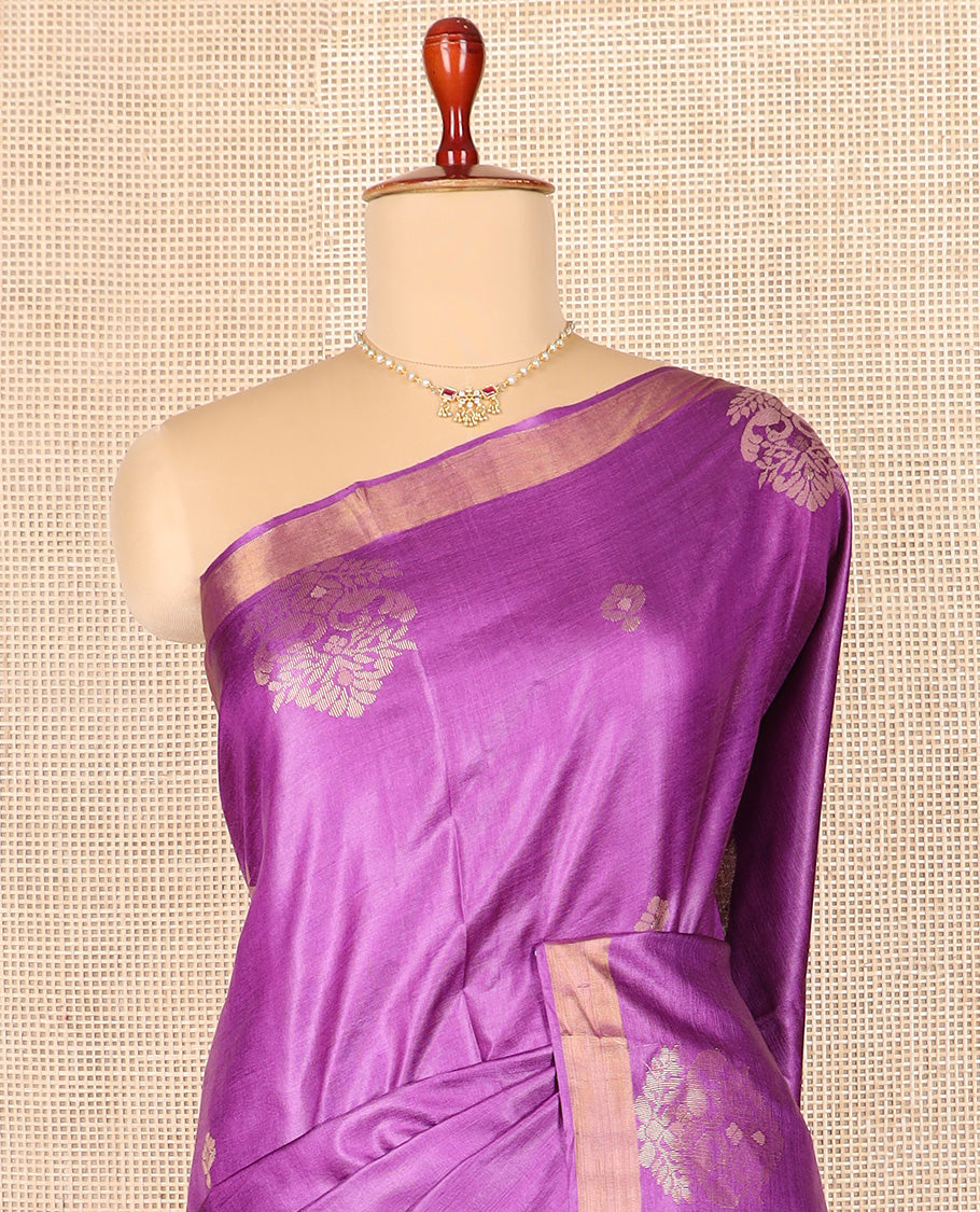 Rani pink peacock buttas tussar silk saree, bavanji border, and pallu of intricate motifs