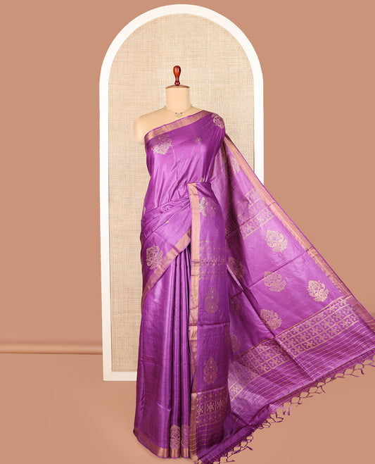 Rani pink peacock buttas tussar silk saree, bavanji border, and pallu of intricate motifs