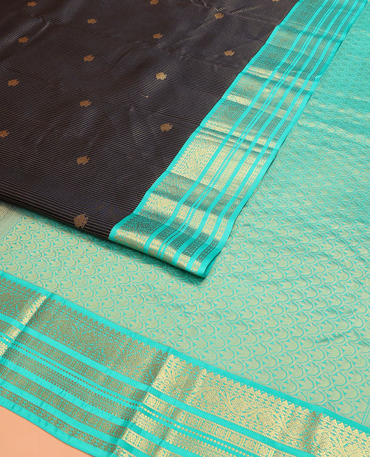 Blue Vasundhara Lite Silk Mix Saree Embellished with Zari Buttas and Stripes, Featuring a Contrast Border of Rekku, Lavangam, Muthu, Neli, and Kodi Visiry Designs, Jaal Pallu, and a Contrast Blouse