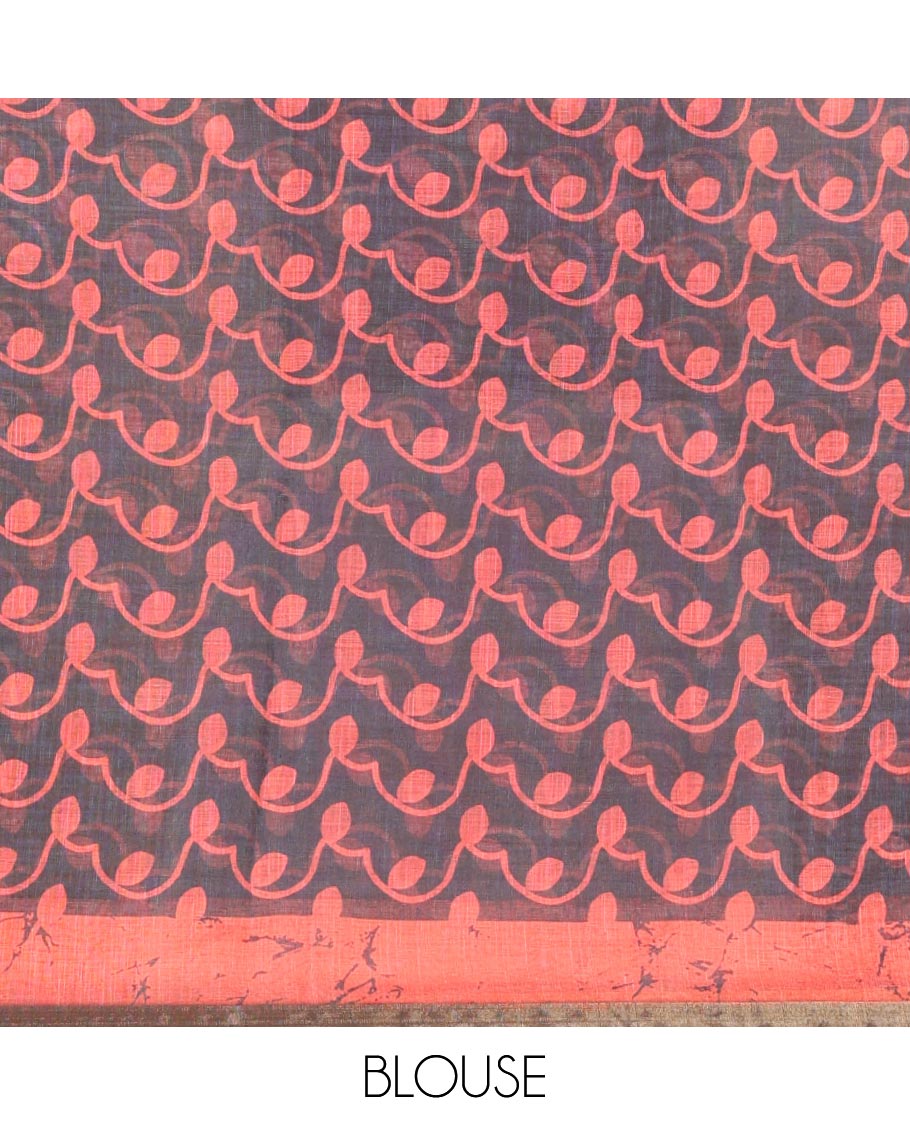 Black Linen Cotton Saree Highlighted with Batik-Style Fancy Vines Printed All Over Its Body, Simply Made with a Contrast Batik Printed Zari Border, Pallu of Stripes and Batik Print, and Paired with a Matching Blouse