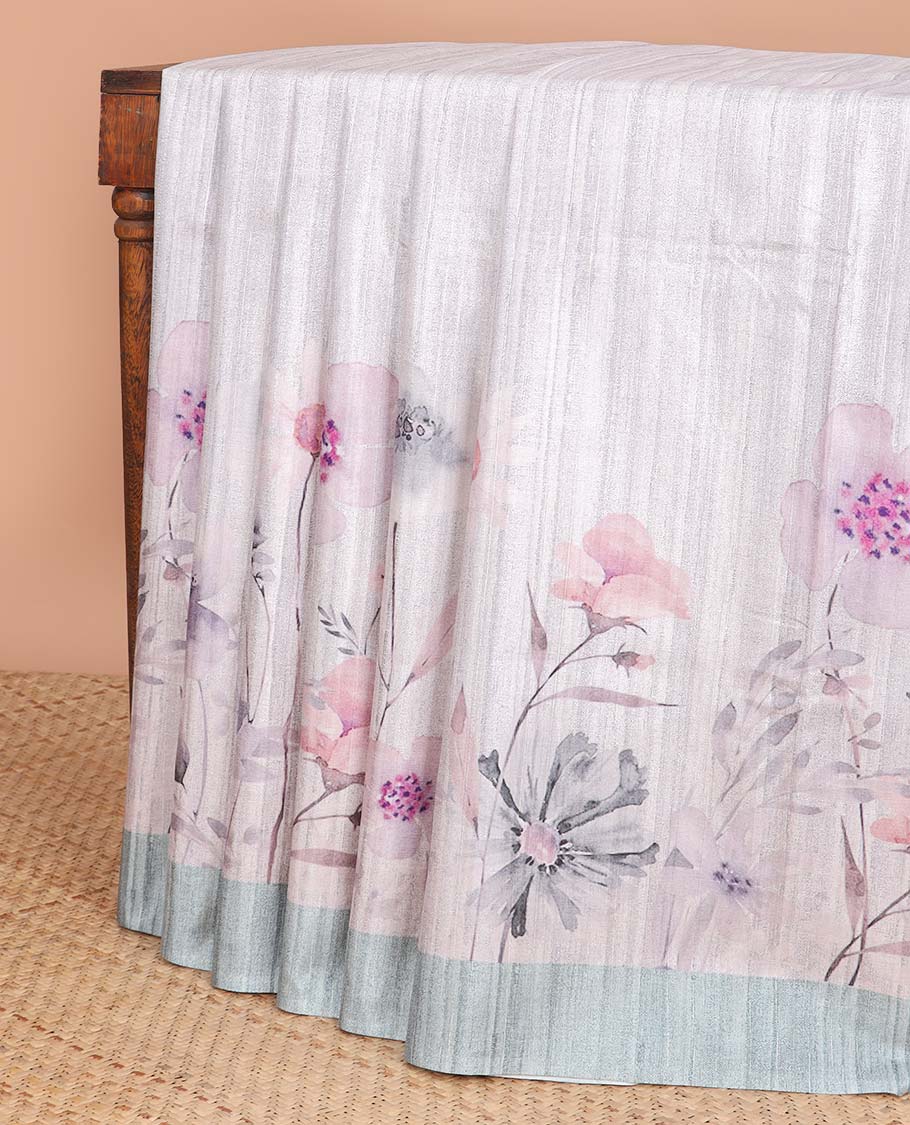 Light pink all over floral digital printed semi-banaras tussar saree with contrast plain border