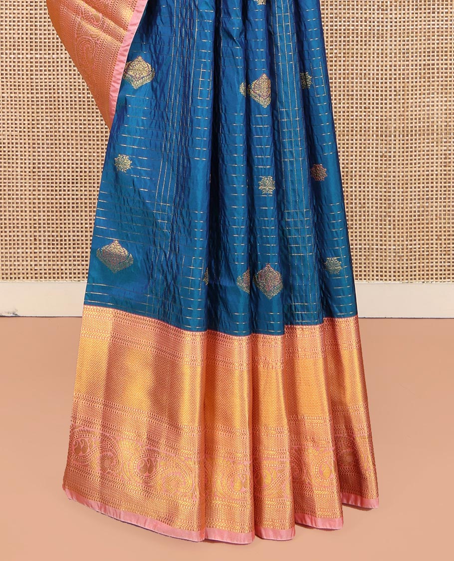 Blue Budget Silk Saree, Gracefully Embellished with Zari Butta Enclosed Checks on Its Body, Complemented by Contrast Traditional Zari Border of Paisley Designs, Grand Jaal Pallu, and Paired with a Contrast Blouse