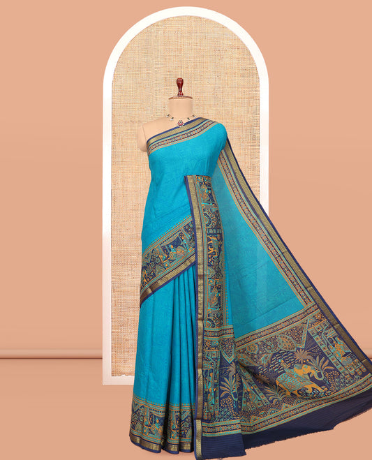 Blue Sparsely Printed Silk Saree, a Contrast Mughal-style Border, Mughal-style Pallu, and a Contrast Blouse