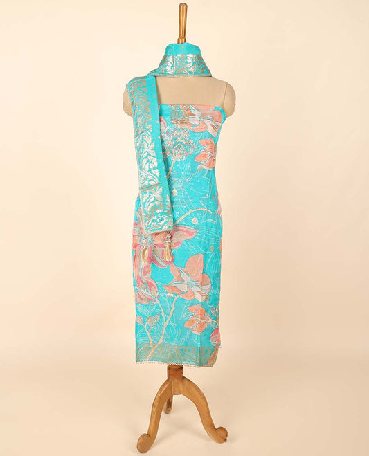 Blue material chudidhar set, floral printed & embroidered top, plain bottom & zari buttas dupatta