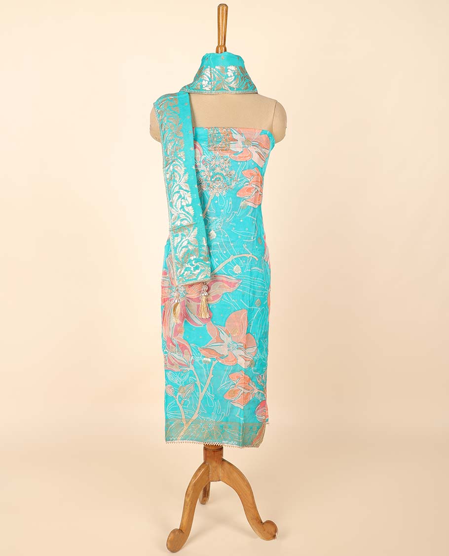 Blue material chudidhar set, floral printed & embroidered top, plain bottom & zari buttas dupatta