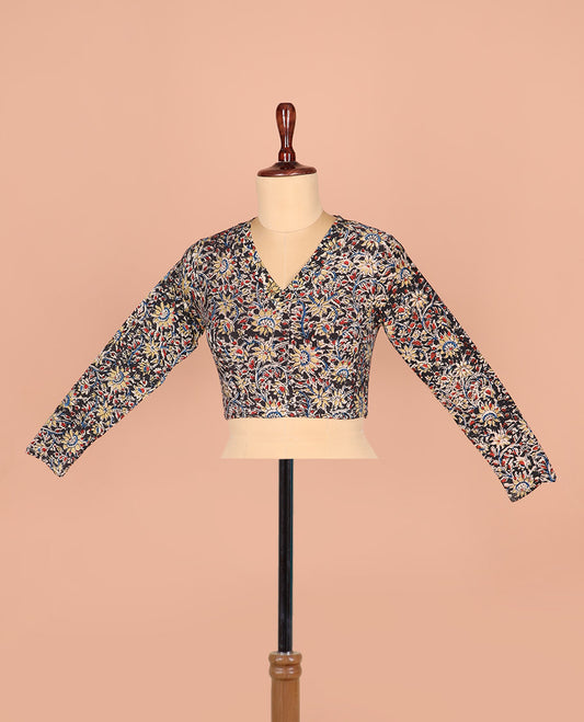 Black-base Readymade Blouse Detailed with Floral Vine, Featuring a Front V-Neck, a Back Closed Neck, and Full Sleeves