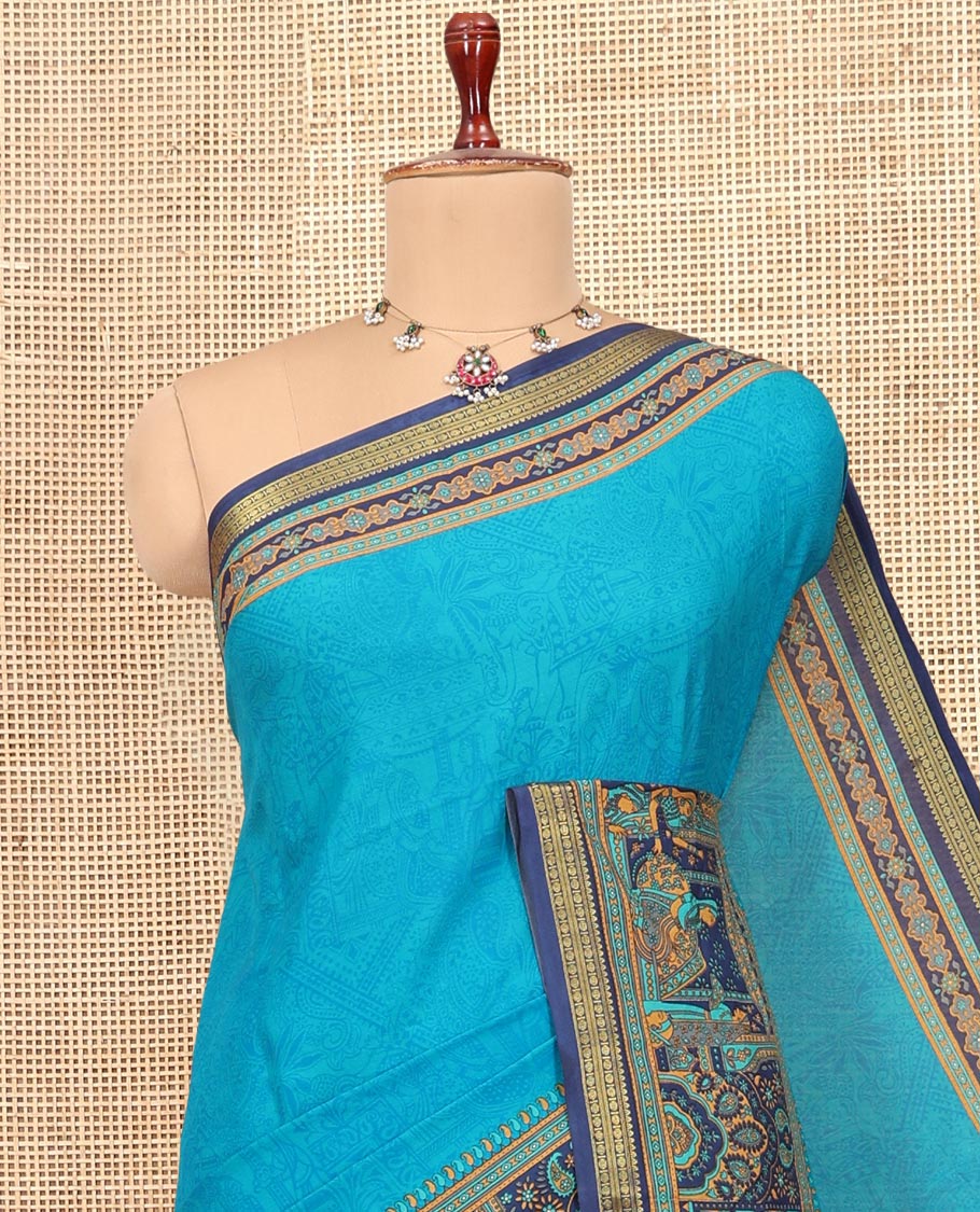 Blue Sparsely Printed Silk Saree, a Contrast Mughal-style Border, Mughal-style Pallu, and a Contrast Blouse