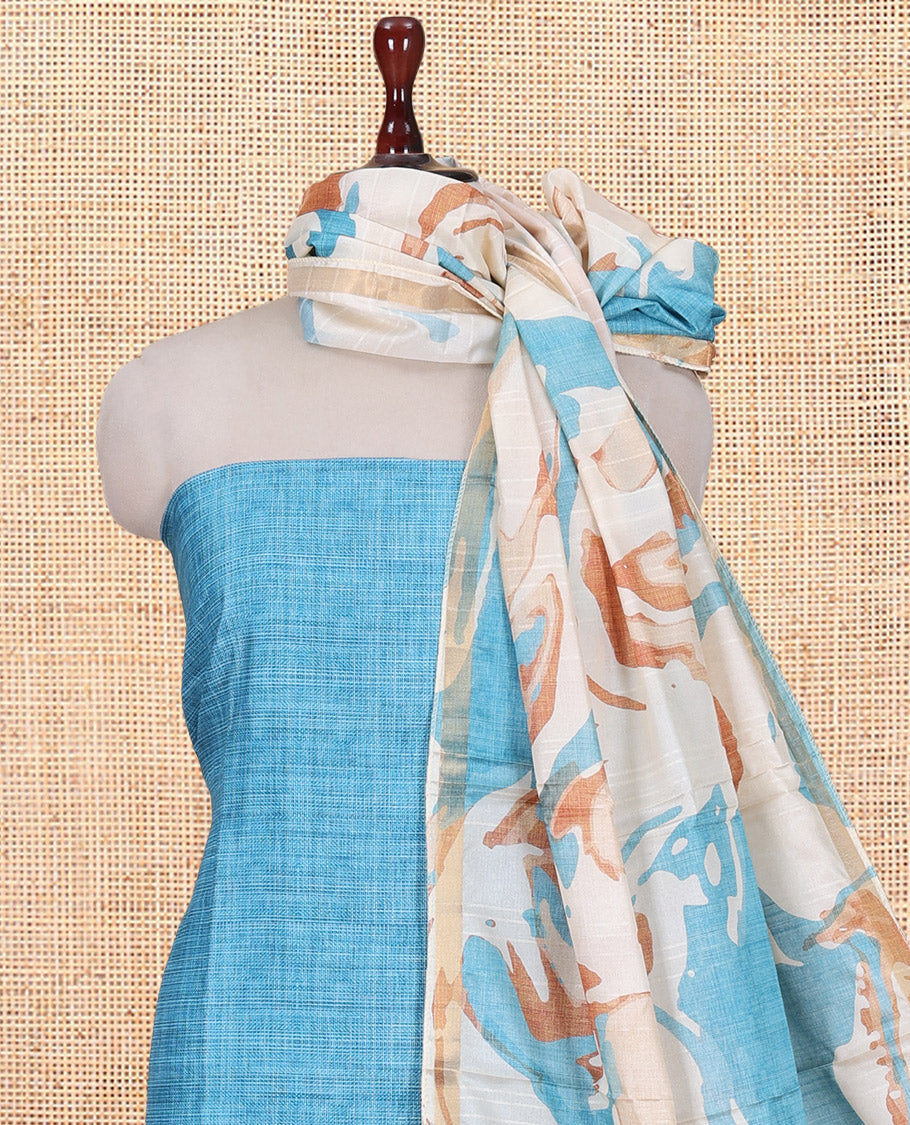 Rama Blue Semi-Bhagalpur Cotton Material Churidar Features Plain Top, a Santoon Bottom, and Contrast Abstract Printed Dupatta