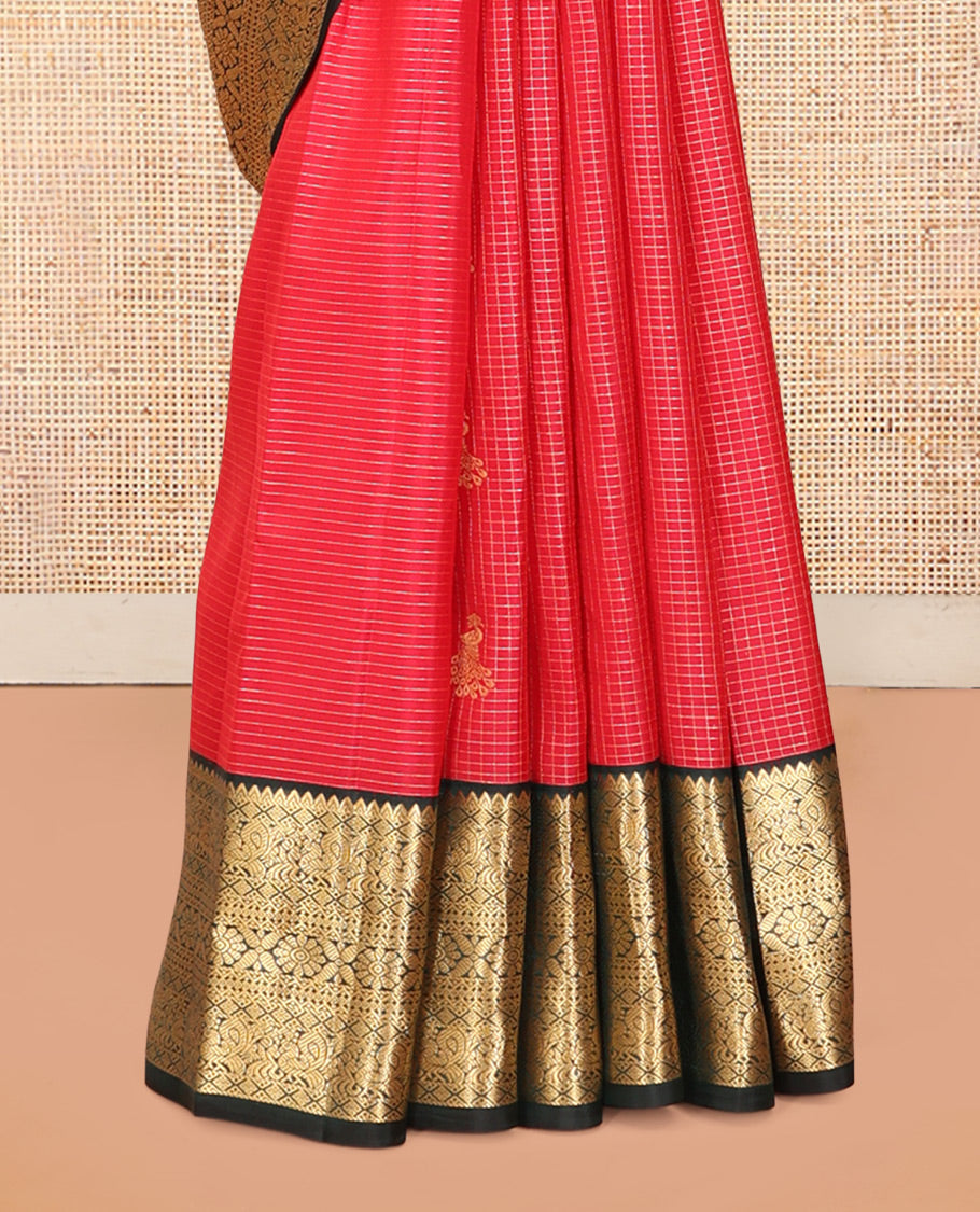 Red Butta Enclosed Checks Vasundhara Lite Silk Mix Saree, a Contrast Mayil Border, Contrast Blouse