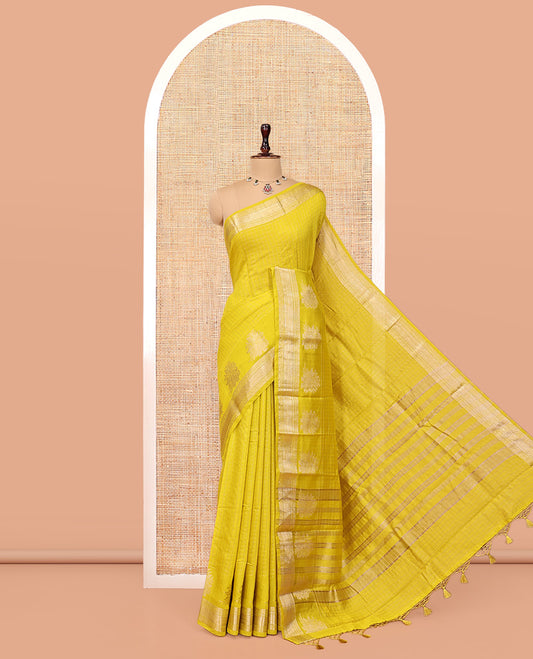 Yellow Assam Silk Saree, Detailed with Zari Checks, Highlighted by a Traditional Zari Border, Zari-Striped Pallu, and a Matching Blouse