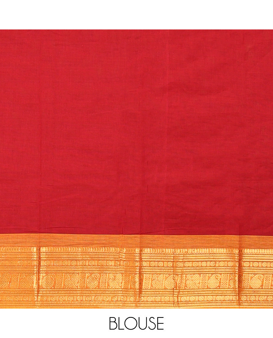 Red Plain Chettinad Cotton Saree, Complemented by a Contrast Traditional Zari Design Ganga-Jamuna Border, Pallu of Stripes, and Paired with a Matching Blouse