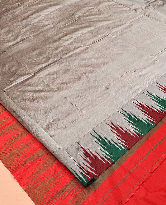Grey Plain Bangalore Silk Saree, Complemented by a Contrast Temple Border, Pallu of Stripes, and a Contrast Blouse