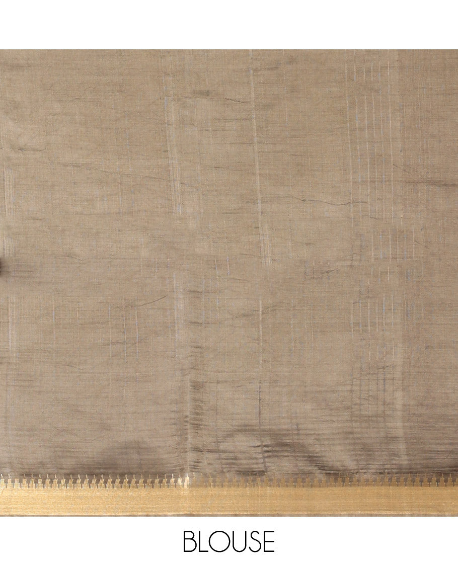 Grey Banana Pith Saree, Sparsely Threaded with Buttas and Stripes, a Zari Temple Border, Striped Pallu, and Matching Blouse