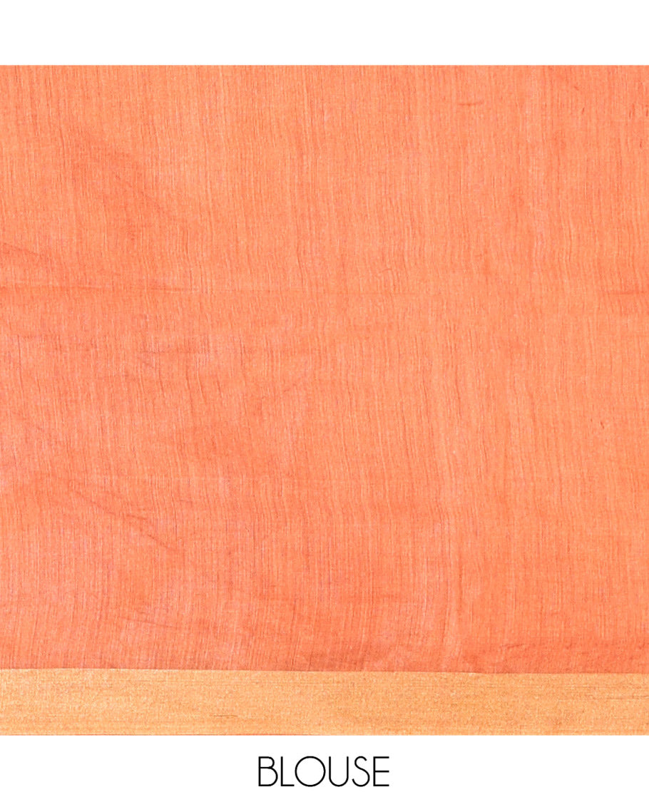 Orange Tussar Silk Saree, Detailed with Checks, a Zari Border, Zari Striped Pallu, and Matching Blouse