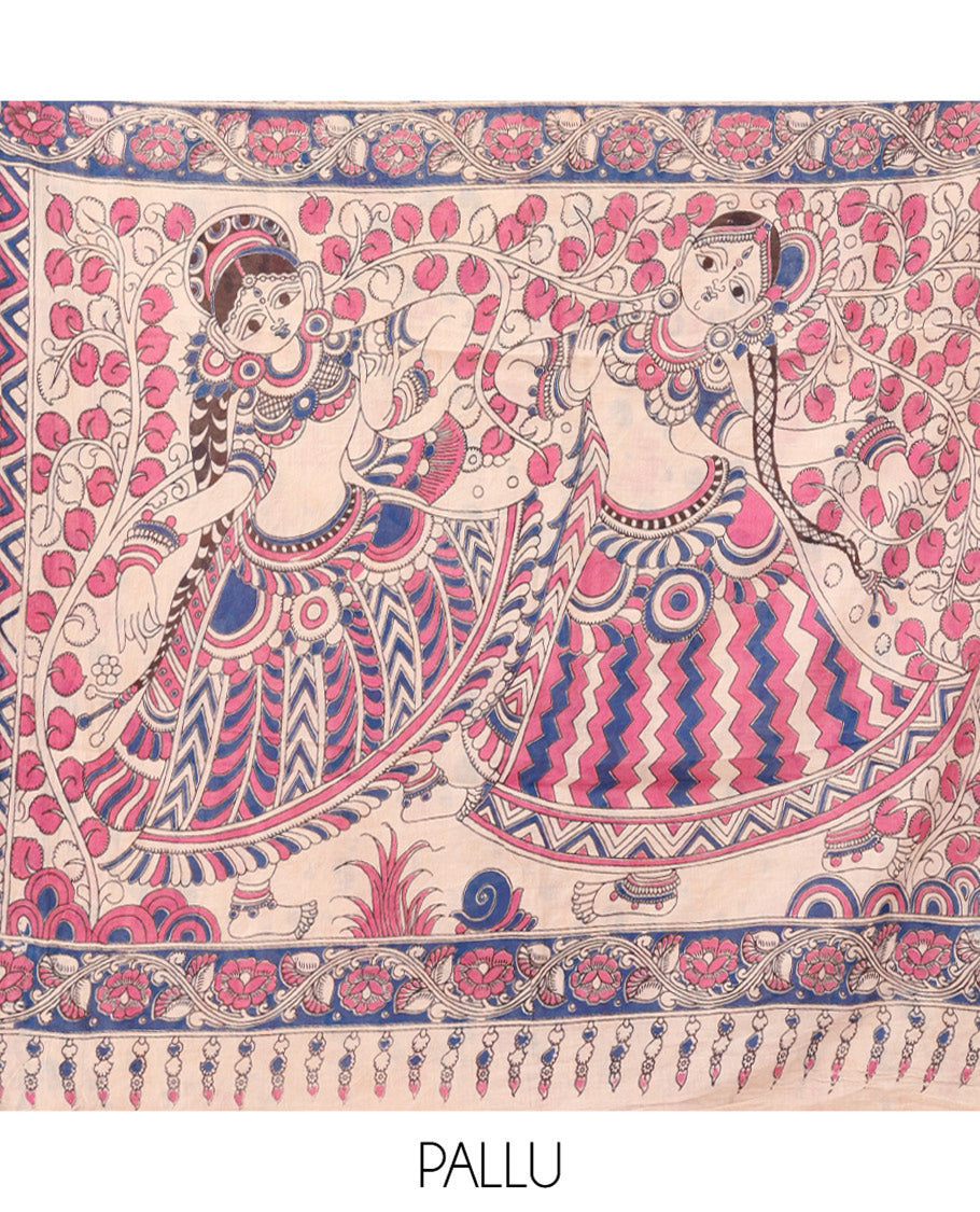 Multi-Color Kalamkari Cotton Saree, Adorned with Floral Vine Print, Contrast Printed Border, Kalamkari Peacock Motifs Pallu, and a Matching Blouse