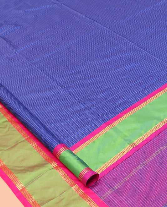 Blue Micro-Checked Nine-Yard Saree, Complemented by a Contrast Rettai Pettu Border, Contrast Pallu of Stripes, and No Blouse