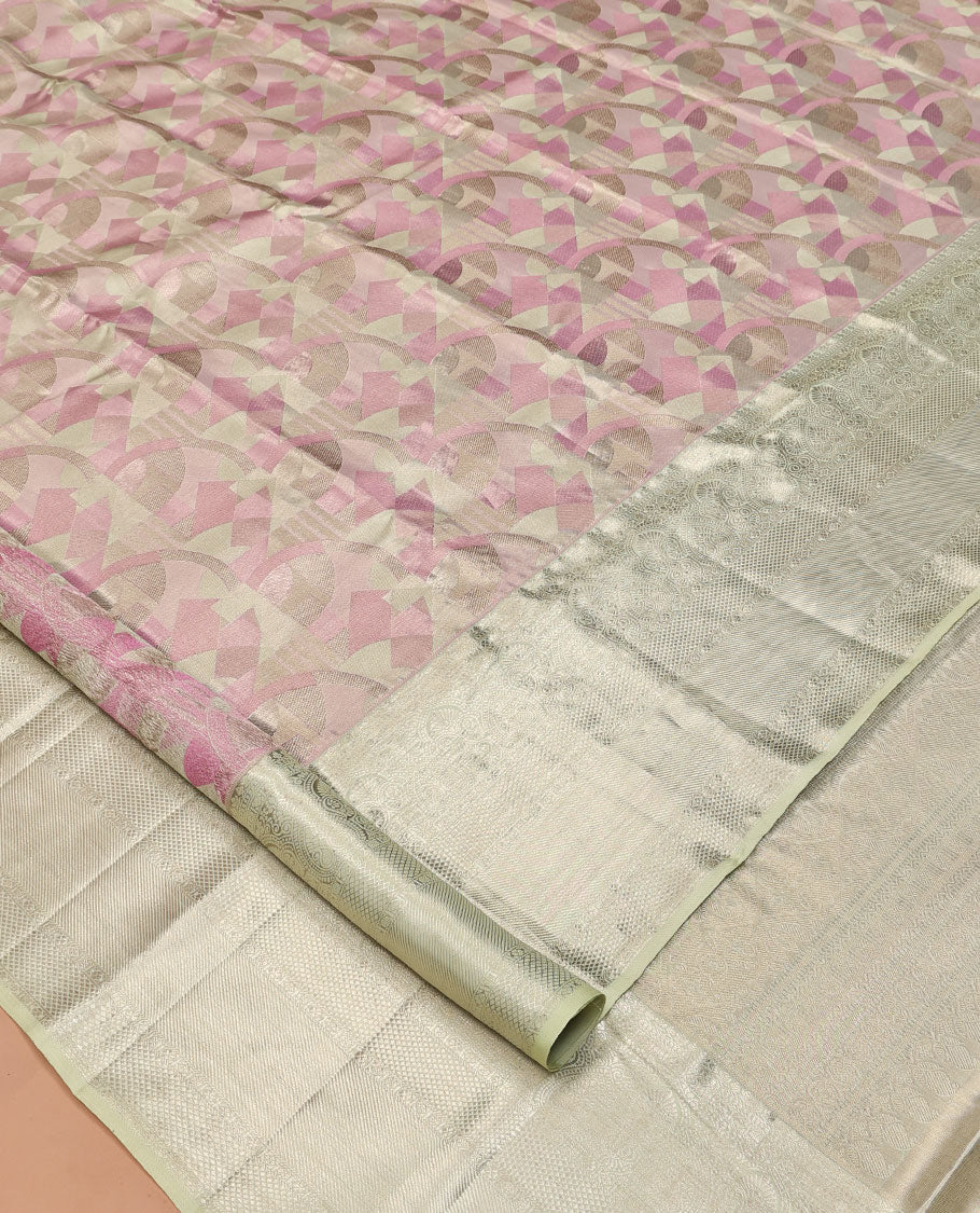 Pink Kanchipuram Tissue Silk Saree, Artfully Detailed with Jacquard, Complemented by Contrast Traditional Zari Border, Grand Pallu, and Contrast Blouse