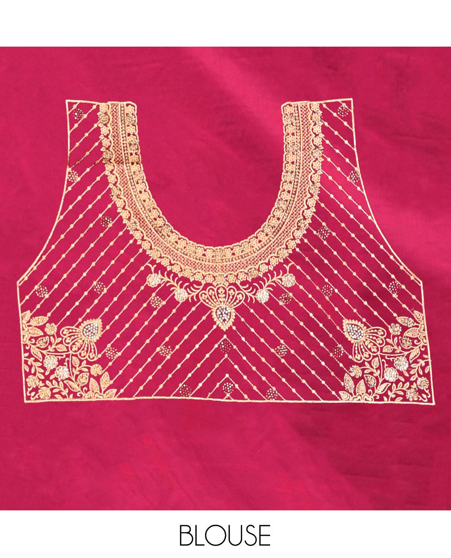 Red Wine Banarasi Satin Saree, Enthralled with Zari Buttas, a Floral Creeper Border, Intricate Stonework Pallu, and a Matching Blouse