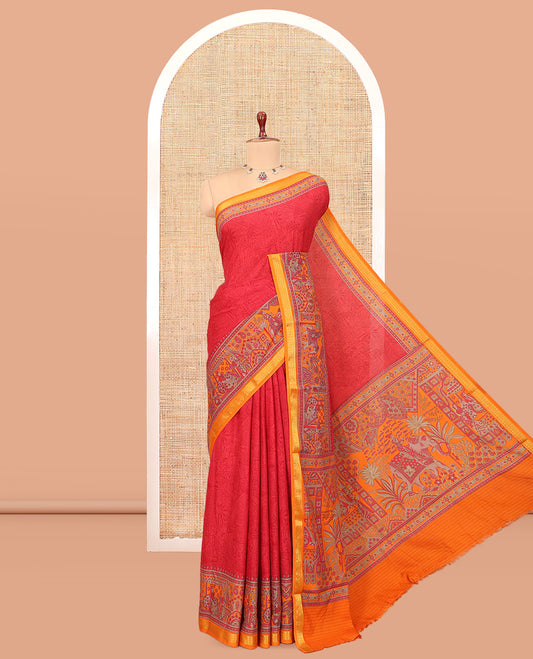 Red Sparsely Motifs Printed Silk Saree, Embellished with Floral Print, a Contrast Ancient Mughal-Style Human Motif Printed Border, and a Contrast Blouse