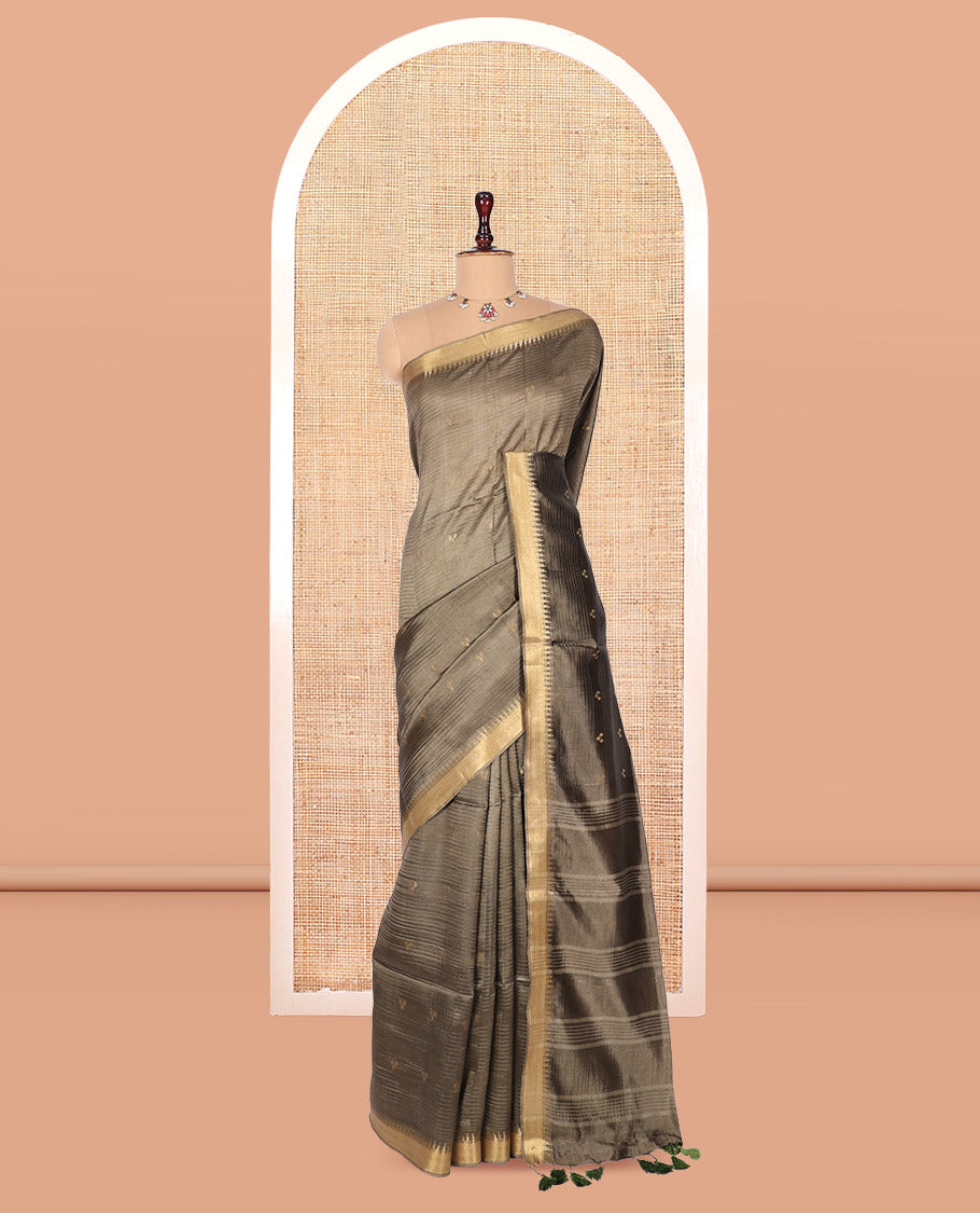 Grey Banana Pith Saree, Sparsely Threaded with Buttas and Stripes, a Zari Temple Border, Striped Pallu, and Matching Blouse