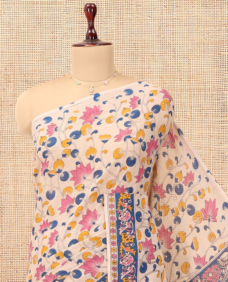 Multi-Color Kalamkari Cotton Saree, Adorned with Floral Vine Print, Contrast Printed Border, Kalamkari Peacock Motifs Pallu, and a Matching Blouse