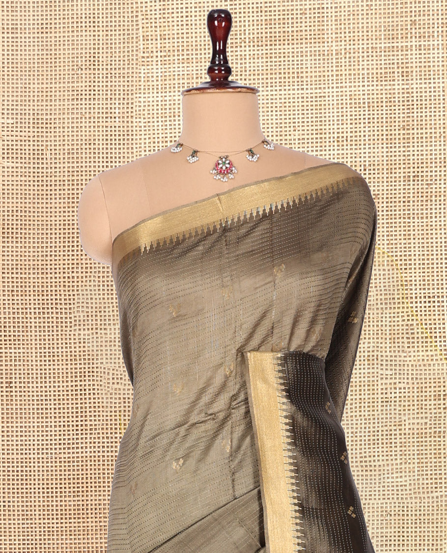 Grey Banana Pith Saree, Sparsely Threaded with Buttas and Stripes, a Zari Temple Border, Striped Pallu, and Matching Blouse