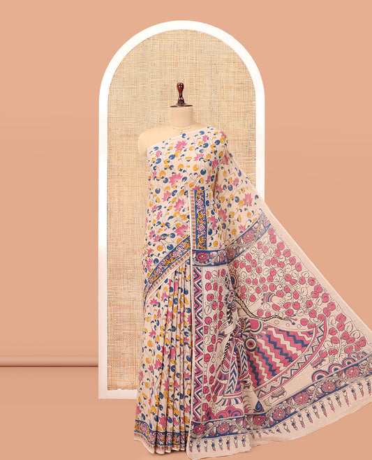 Multi-Color Kalamkari Cotton Saree, Adorned with Floral Vine Print, Contrast Printed Border, Kalamkari Peacock Motifs Pallu, and a Matching Blouse