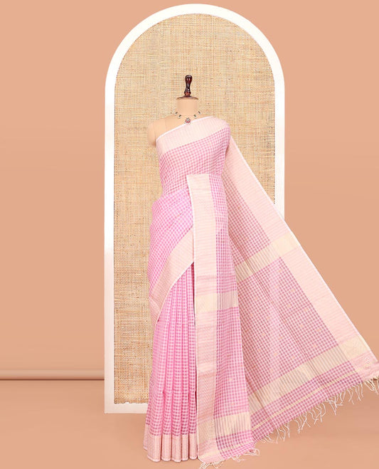 Pink Maheshwari Cotton Saree, Subtly Sparkled with Micro-Checks and Buttas, Complemented by a Contrast Border, Checked Pallu, and Paired with a Matching Blouse