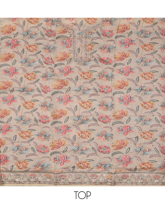 Light Sandal Material Chudidar Set, Masterfully Woven with Floral Print, and Outline Embroidery on Organza Top, a Plain Santoon Bottom, and Paired with a Floral Vine Sequins Embroidered Organza Dupatta