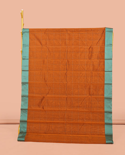 Orange Semi-Silk Cotton Saree, Sparsely Sparkled with Checks All Over Its Body, Complemented by a Contrast Border, Contrast Pallu, and Paired with a Contrast Blouse