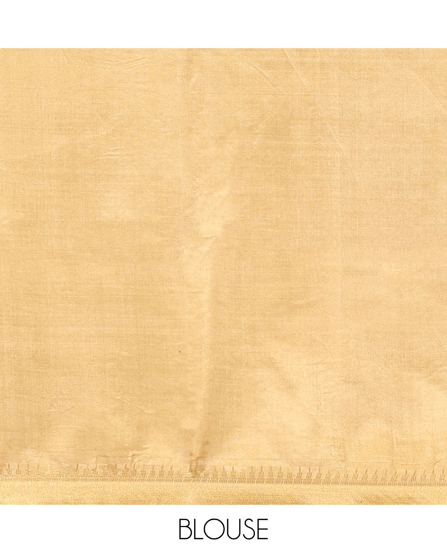 Sandal Banana Pith Saree, Subtly Sparkled with Buttas All Over Its Body, Subtle Border, Striped Pallu, and Paired with a Matching Blouse