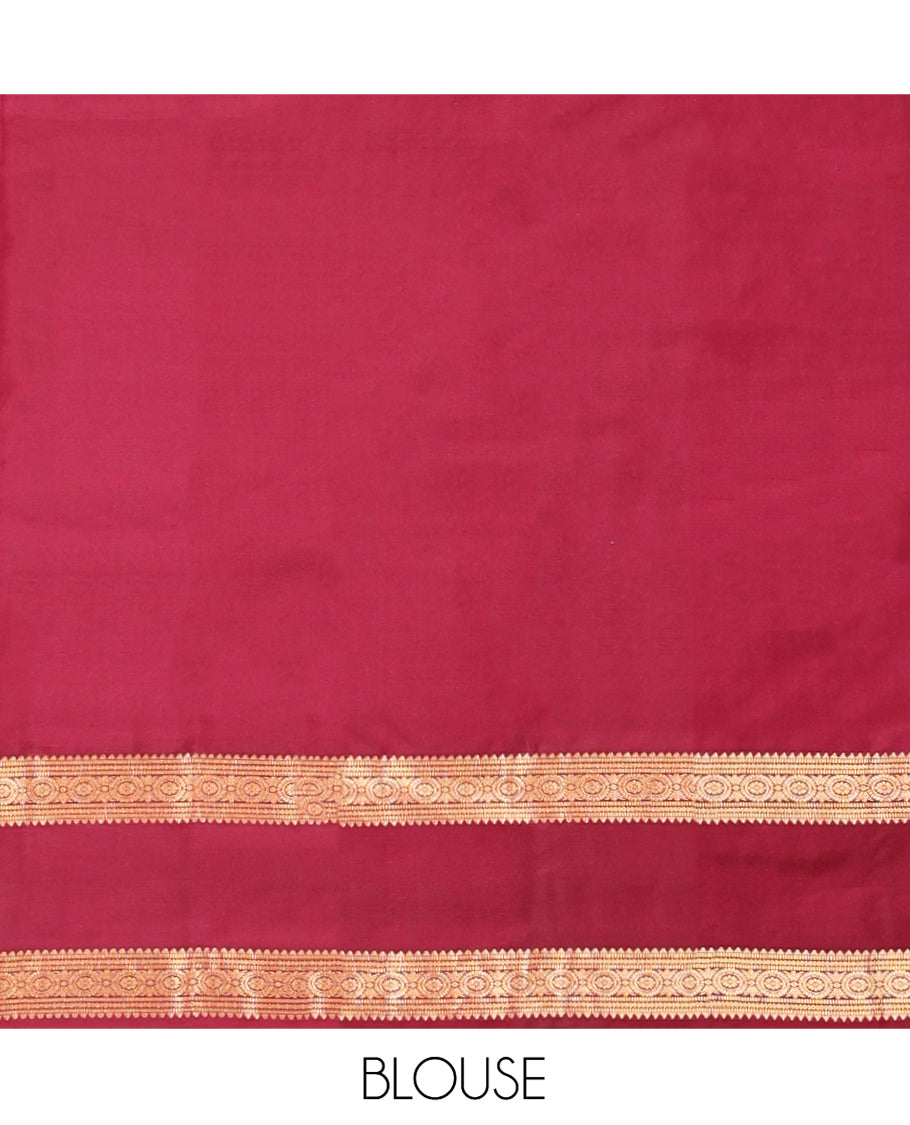 Blue Vasundhara Silk Saree, Graced with Zari Buttas All Over Its Body, Complemented by a Contrast Rettai Pettu Border of Rekku, Muthu, and Chakram Designs, Grand Pallu, and Paired with a Contrast Blouse