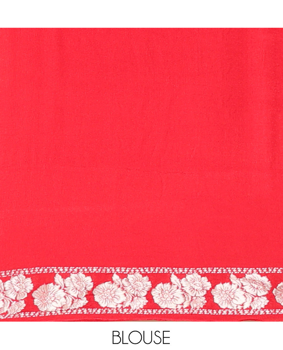 Red Plain Fancy Crepe Saree, Highlighted by a Floral Border, Pallu of Floral Designs, and a Matching Blouse