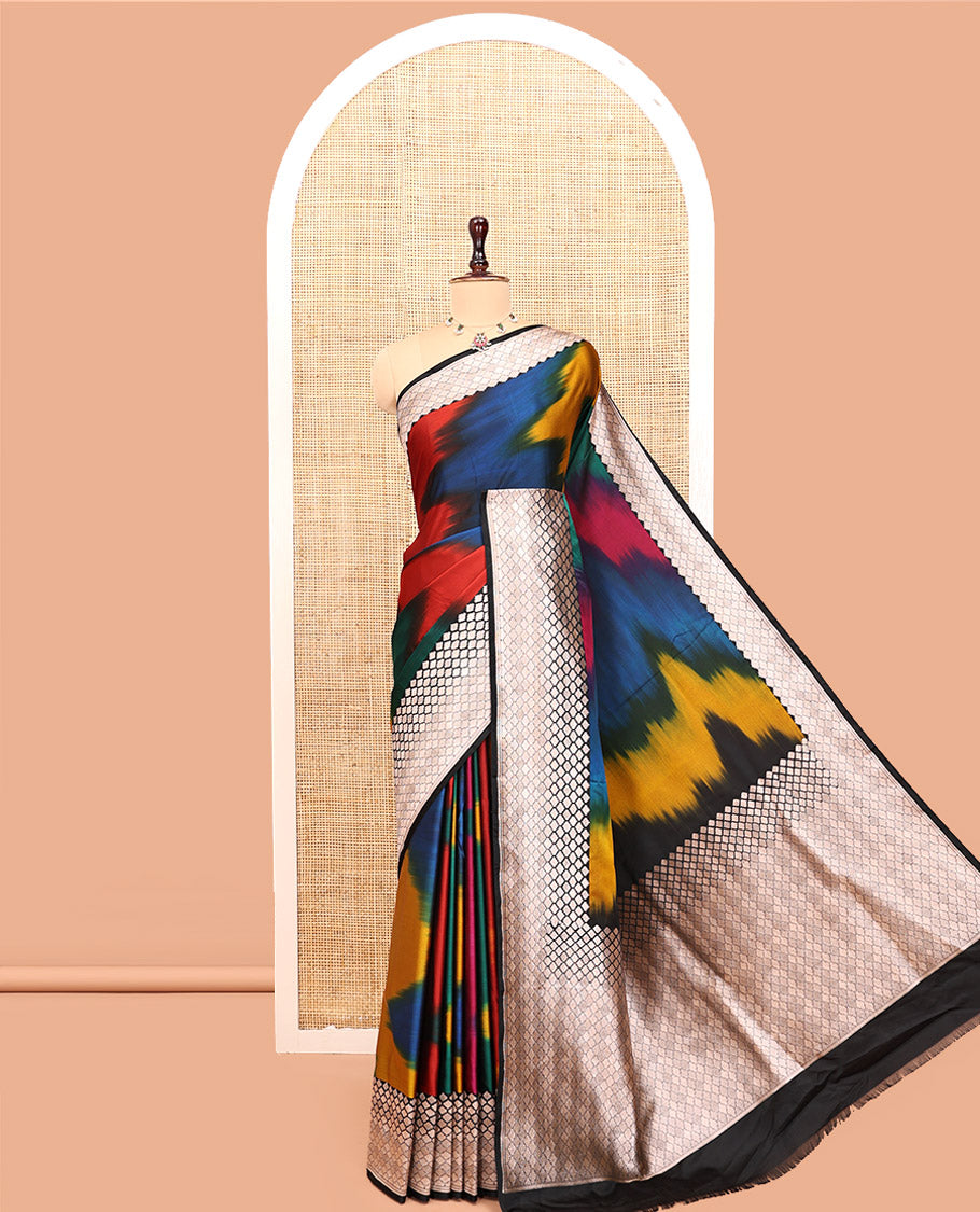 Green-Multi-Color Mushru Silk Saree with Pochampally Weave, Contrast Ogee Border, Grand Ogee Pallu, and Contrast Blouse