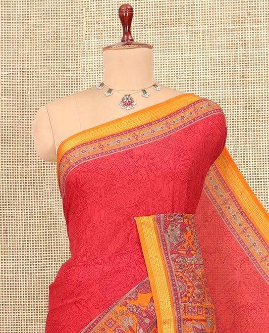 Red Sparsely Motifs Printed Silk Saree, Embellished with Floral Print, a Contrast Ancient Mughal-Style Human Motif Printed Border, and a Contrast Blouse