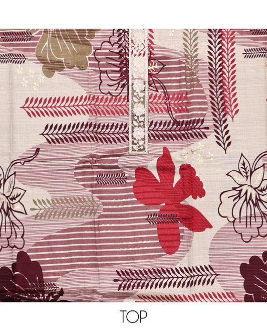 Multi-Color-Maroon Material Chudidar Set, Adorned with Tropical Floral Print and Floral Neck Work on Its Top, a Contrast Plain Rayon Bottom, and Paired with a Paisley Vine Design Sequins Embroidered Chanderi Silk Dupatta