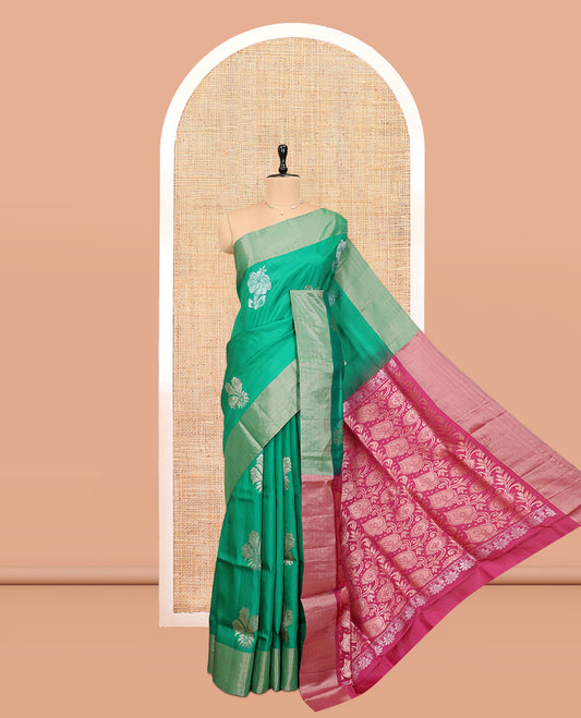 Green Uppada Saree, Embellished with Hibiscus Floral Buttas, a Bavanji Border, Contrast Intricate Pallu, and a Contrast Blouse