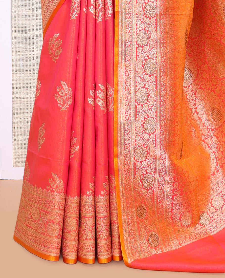 Orange-Pink Semi-Banaras Nylon Saree