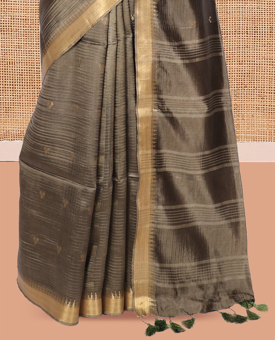 Grey Banana Pith Saree, Sparsely Threaded with Buttas and Stripes, a Zari Temple Border, Striped Pallu, and Matching Blouse
