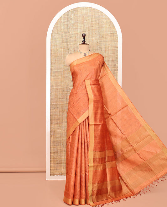 Orange Tussar Silk Saree, Detailed with Checks, a Zari Border, Zari Striped Pallu, and Matching Blouse