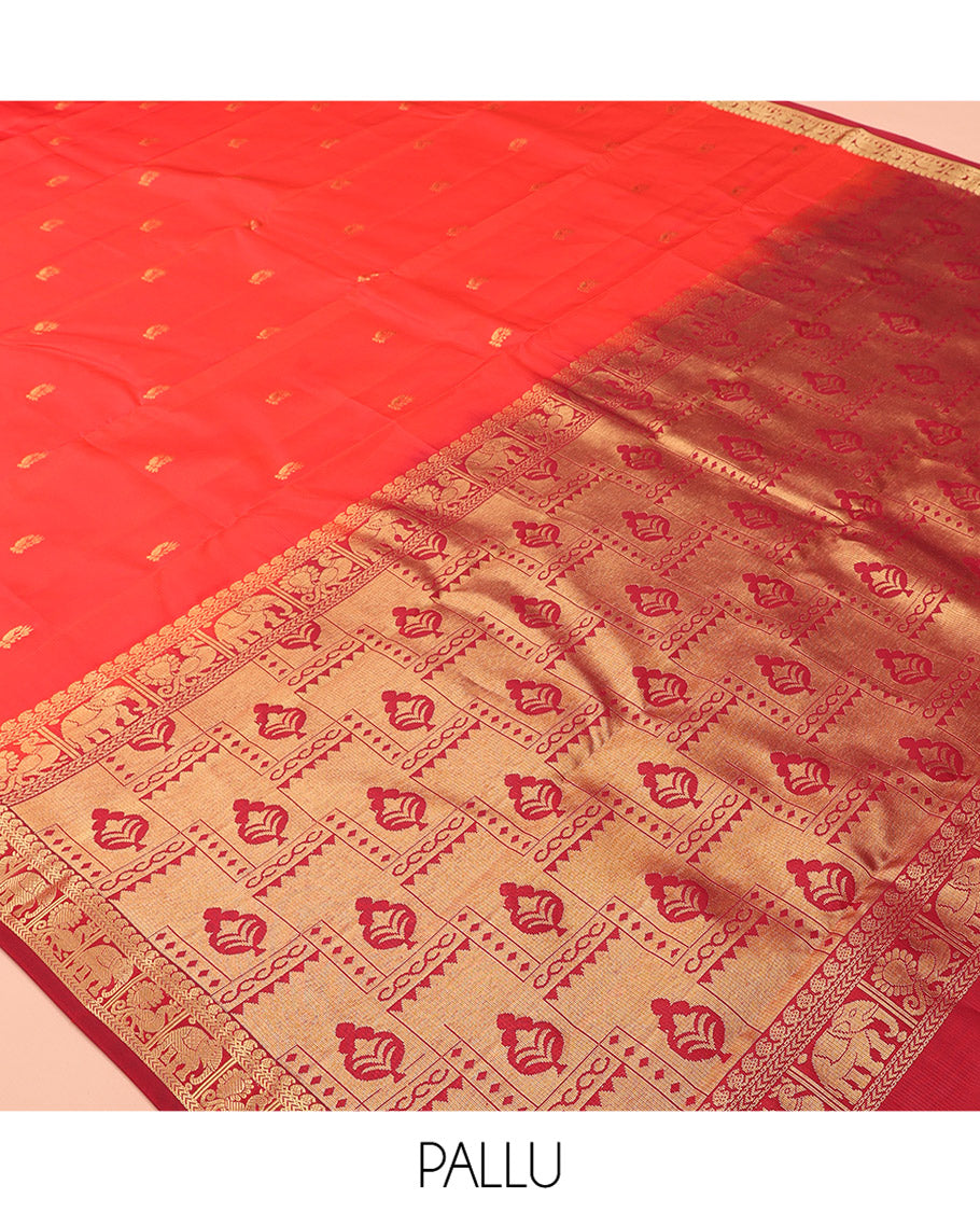 Orange Vasundhara Lite Silk Mix Saree, Gleamed Up with Zari Buttas, a Contrast Border of Manga, Kathir, Mayil, and Yaanai Designs, Grand Pallu, and a Contrast Blouse